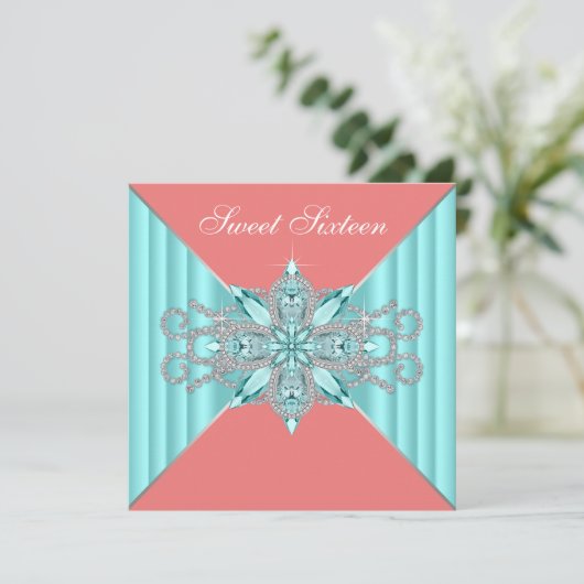 Invitation Diamant Turquoise Bleu Corail Douce 16e Anniversai (Debout devant)