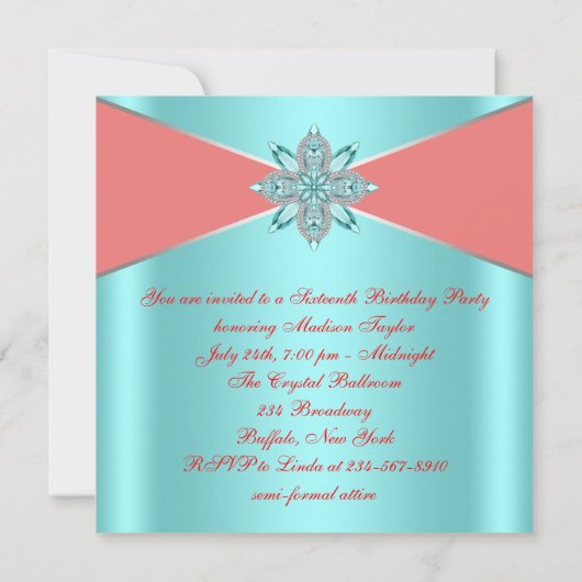 Invitation Diamant Turquoise Bleu Corail Douce 16e Anniversai (Dos)