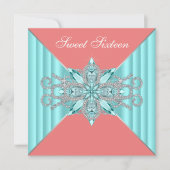 Invitation Diamant Turquoise Bleu Corail Douce 16e Anniversai (Devant)
