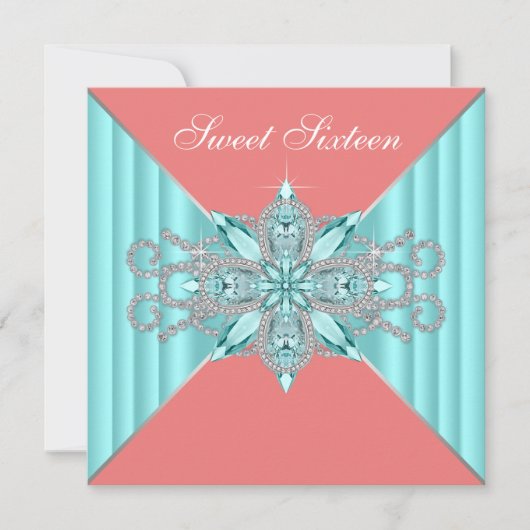 Invitation Diamant Turquoise Bleu Corail Douce 16e Anniversai (Devant)
