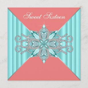 Invitation Diamant Turquoise Bleu Corail Douce 16e Anniversai