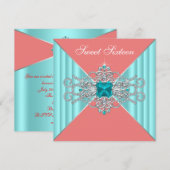 Invitation Diamant Turquoise Bleu Corail Douce 16e Anniversai (Devant / Derrière)