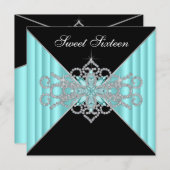 Invitation Diamant Turquoise Bleu et Noir Douce 16e Anniversa (Devant / Derrière)