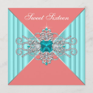 Invitation Diamant Turquoise Blue Coral Sweet 16 Anniversaire