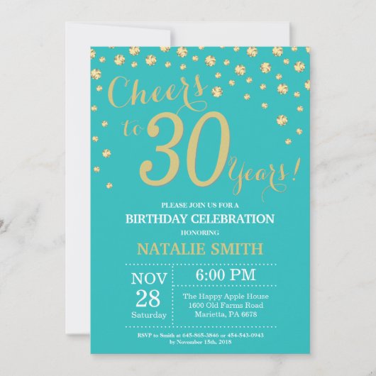 Invitation Diamant Turquoise et Gold 30e anniversaire (Devant)