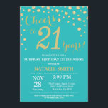 Invitation Diamant Turquoise et Gold Surprise 21e anniversair<br><div class="desc">Invitation surprise 21e anniversaire avec Arrière - plan Diamant de Parties scintillant Turquoise et Gold. Gold Confetti. Anniversaire adulte. Hommes ou femmes,  anniversaire. Pour plus de personnalisation,  cliquez sur le bouton "Customiser" et utilisez notre outil de conception pour modifier ce modèle.</div>