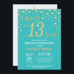 Invitation Diamant turquoise et or 13e anniversaire<br><div class="desc">Invitation du 13e anniversaire avec Arrière - plan diamant Parties scintillant Turquoise et or. Confetti d'or. Anniversaire enfant. Ado Adolescent fille Anniversaire dame. Pour plus de personnalisation,  cliquez sur le bouton "Customiser" et utilisez notre outil de conception pour modifier ce modèle.</div>