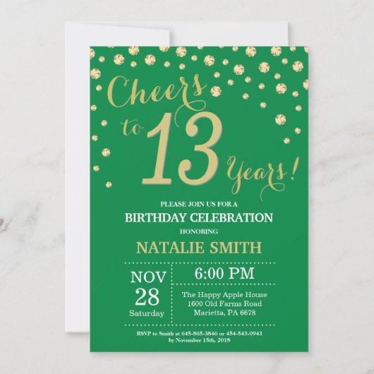 Invitation Diamant vert et or 13e anniversaire (Devant)