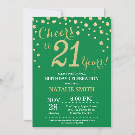 Invitation Diamant vert et or 21e anniversaire (Devant)