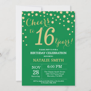 Invitation Diamant Vert et Or pour 16e Anniversaire