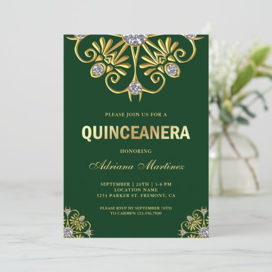 Invitation Diamant vert Mandala Quinceanera (Debout devant)