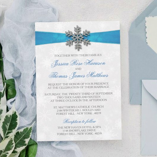 Invitation Diamante Snowflake & Blue Ribbon Mariage d'hiver
