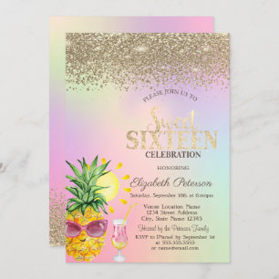 Invitation Diamants, Ananas, Cocktail Holographique Sweet 16