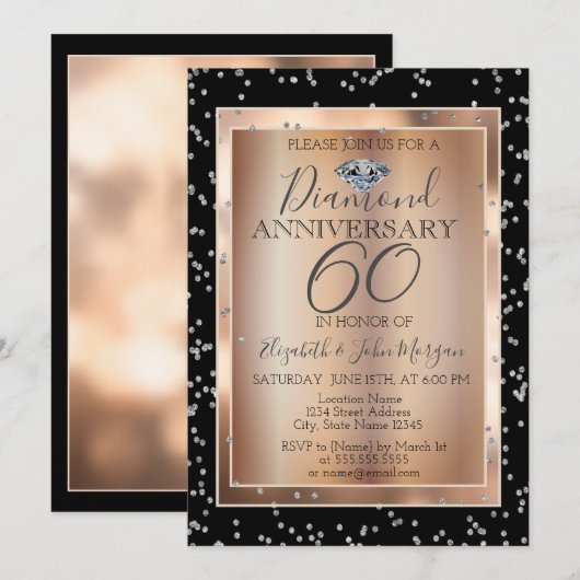 Invitation Diamants Argent, Noces de Rose en Or (Devant / Derrière)