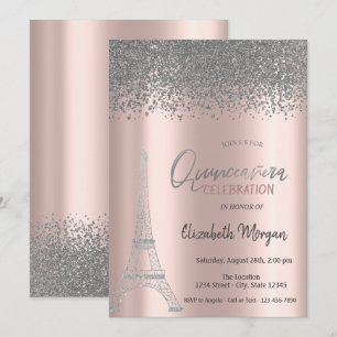 Invitation Diamants Argent Rose Gold,Tour Eiffel Quinceanera