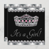 Invitation Diamants Argent Tiara Rose Baby shower noir (Devant / Derrière)