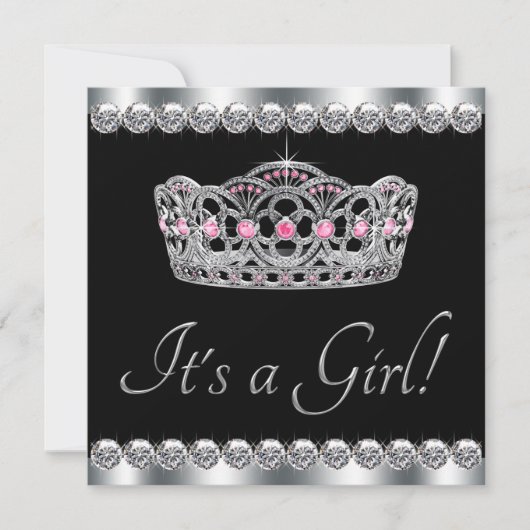 Invitation Diamants Argent Tiara Rose Baby shower noir (Devant)