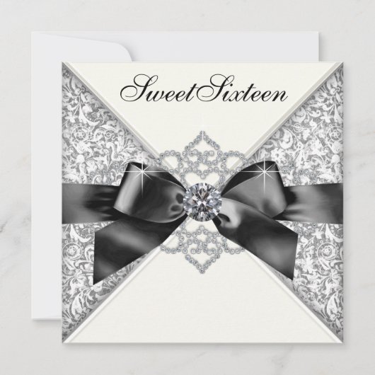Invitation Diamants blancs Noir Blanc Douceur 16 Anniversaire (Devant)
