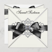 Invitation Diamants blancs Noir Blanc Douceur 16 Anniversaire (Devant / Derrière)