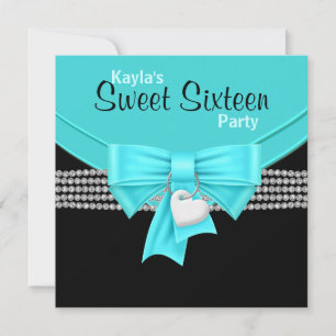 Invitation Diamants Bleu Canard Noir Blanc Sweet 16 Fête
