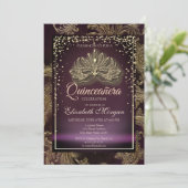 Invitation Diamants Bourgogne Floral Damask Quinceañera (Debout devant)
