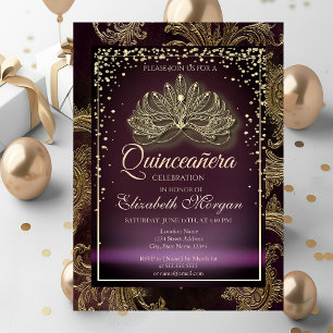 Invitation Diamants Bourgogne Floral Damask Quinceañera