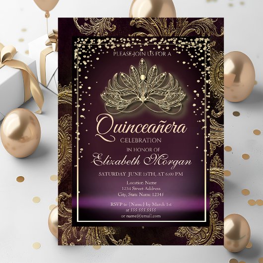 Invitation Diamants Bourgogne Floral Damask Quinceañera