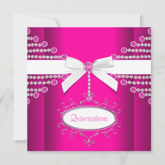 Invitation Diamants Bow Quinceanera rose chaud (Devant)
