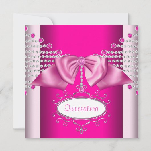 Invitation Diamants Bow Quinceanera rose chaud (Devant)