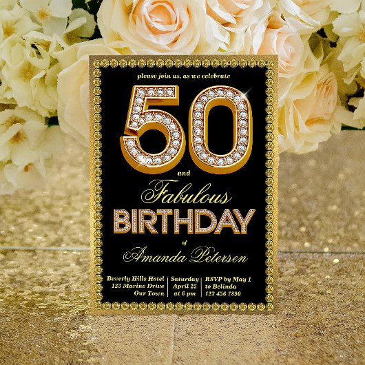 Invitation Diamants brillants noirs et or 50e anniversaire