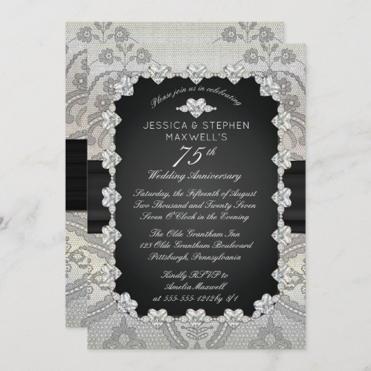 Invitation Diamants | Broderie 75e anniversaire de mariage (Devant / Derrière)