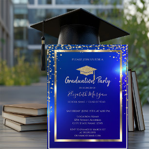 Invitation Diamants Cadre Or Casquette de Diplômé Bleu Remise