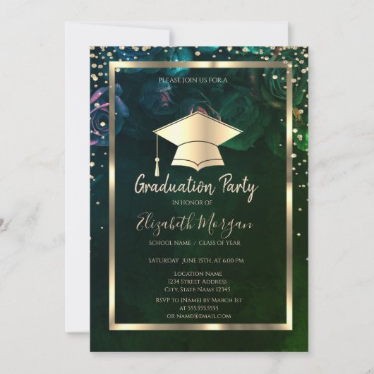 Invitation Diamants Cap Grad Chic Roses Diplôme (Devant)