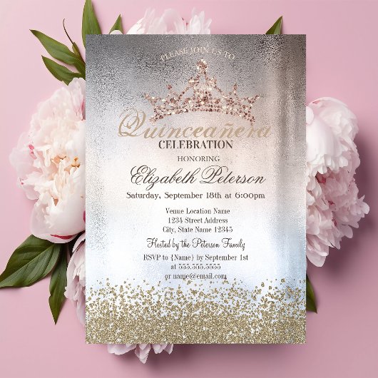 Invitation Diamants Chic Or, Tiara Metallic Quinceañera