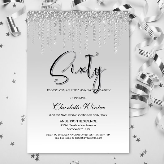 Invitation Diamants d'argent glamour 60e fête d'anniversaire