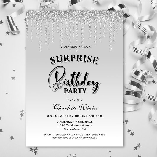 Invitation Diamants d'argent glamour Surprise fête d'annivers