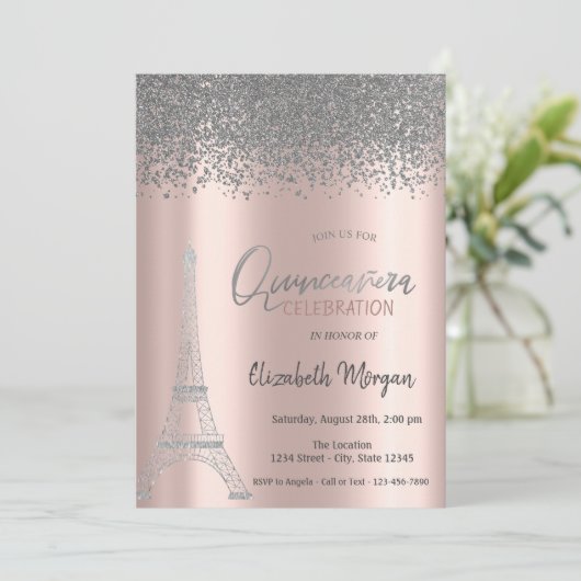 Invitation Diamants d'argent Rose or, Tour Eiffel Quinceanera (Debout devant)