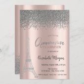 Invitation Diamants d'argent Rose or, Tour Eiffel Quinceanera (Devant / Derrière)