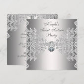 Invitation Diamants d'argent Sweet sixteen blanc fête d'anniv (Devant / Derrière)