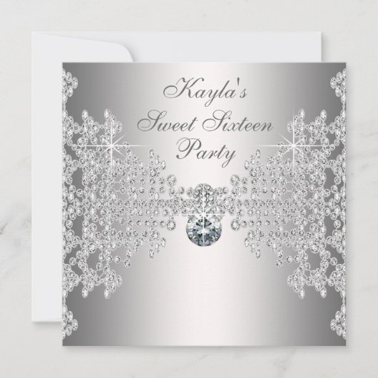 Invitation Diamants d'argent Sweet sixteen blanc fête d'anniv (Devant)