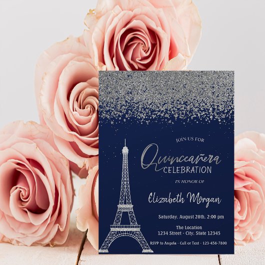 Invitation Diamants d'argent, Tour Eiffel Marine Quinceanera