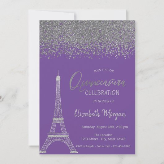Invitation Diamants d'argent, Tour Eiffel Violet Quinceanera (Devant)