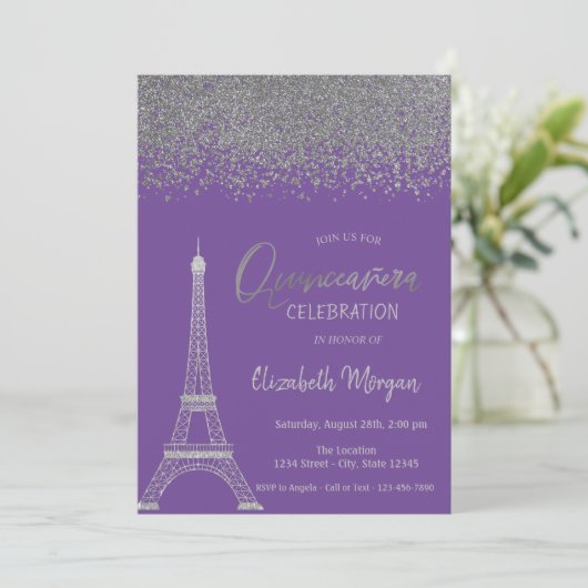 Invitation Diamants d'argent, Tour Eiffel Violet Quinceanera (Debout devant)