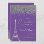 Invitation Diamants d'argent, Tour Eiffel Violet Quinceanera (Devant / Derrière)