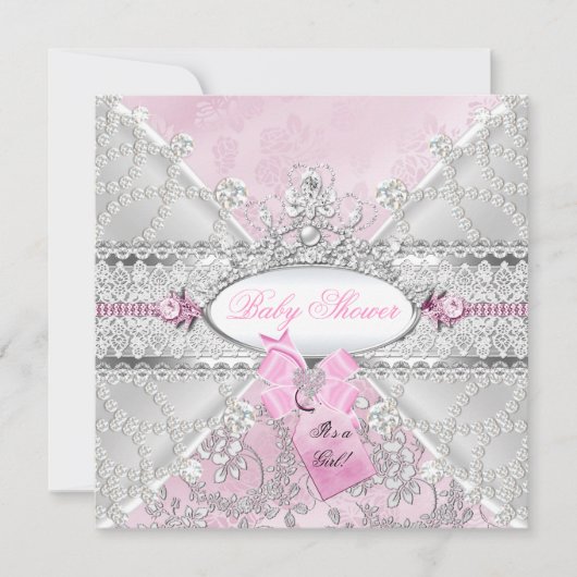Invitation Diamants de Baby shower de Bow Floral Argent Rose (Devant)