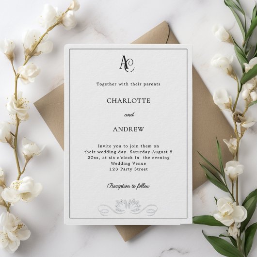 Invitation Diamants de monogramme moderne gris doux luxe mari