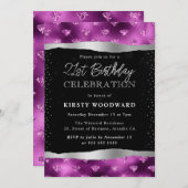 Invitation Diamants de Parties scintillant violet et noir 21e (Devant / Derrière)