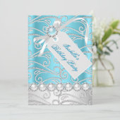 Invitation Diamants de perles bleu blanc turquoise fête d'ann (Debout devant)
