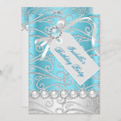 Invitation Diamants de perles bleu blanc turquoise fête d'ann (Devant / Derrière)