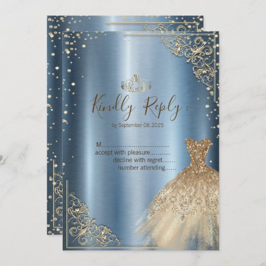 Invitation Diamants de robe or bleu RSVP (Devant / Derrière)